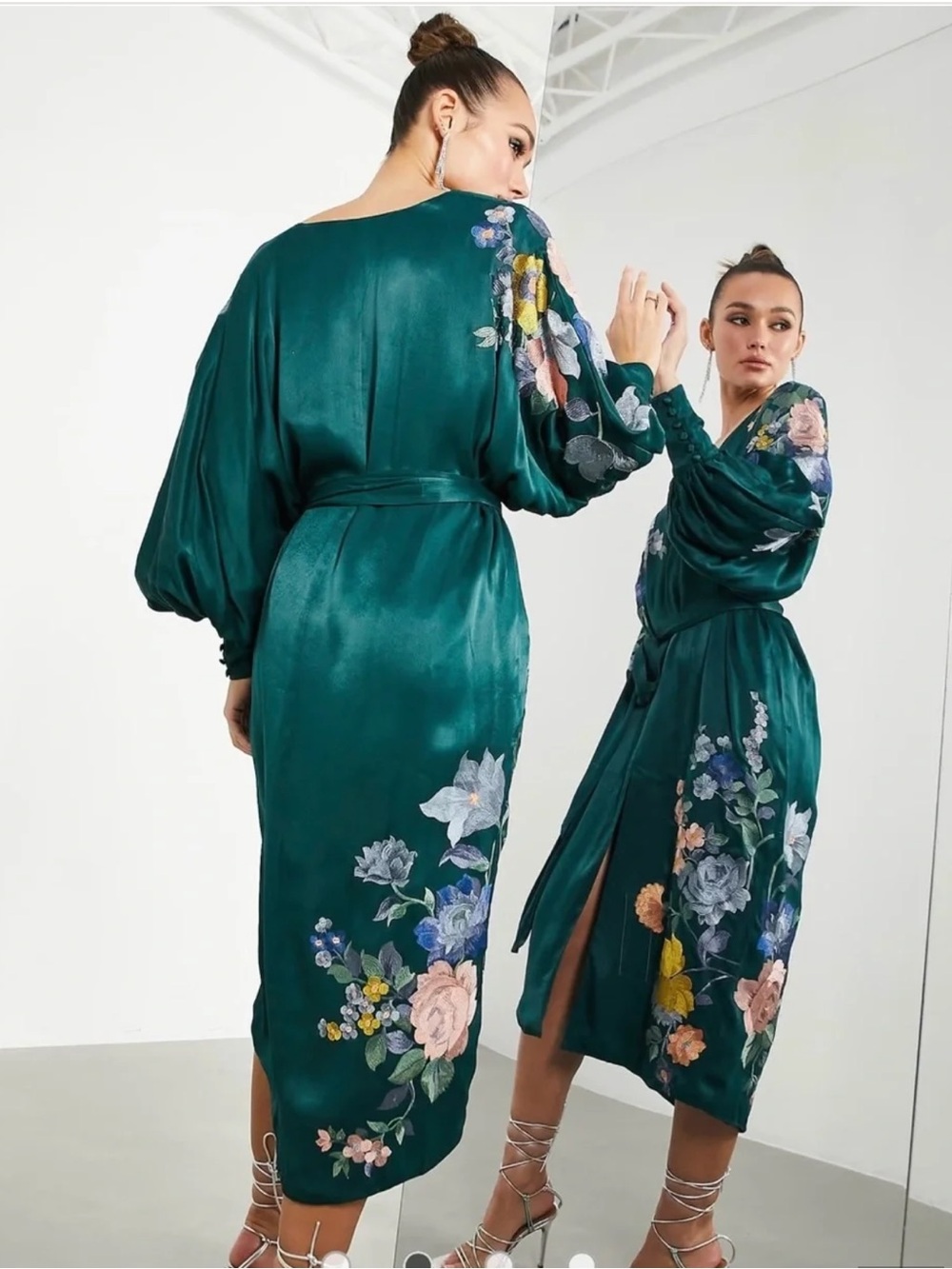 ASOS CURVE Size 20 Forest Green Floral Embroidered Satin Midi Dress - Picture 3 of 12